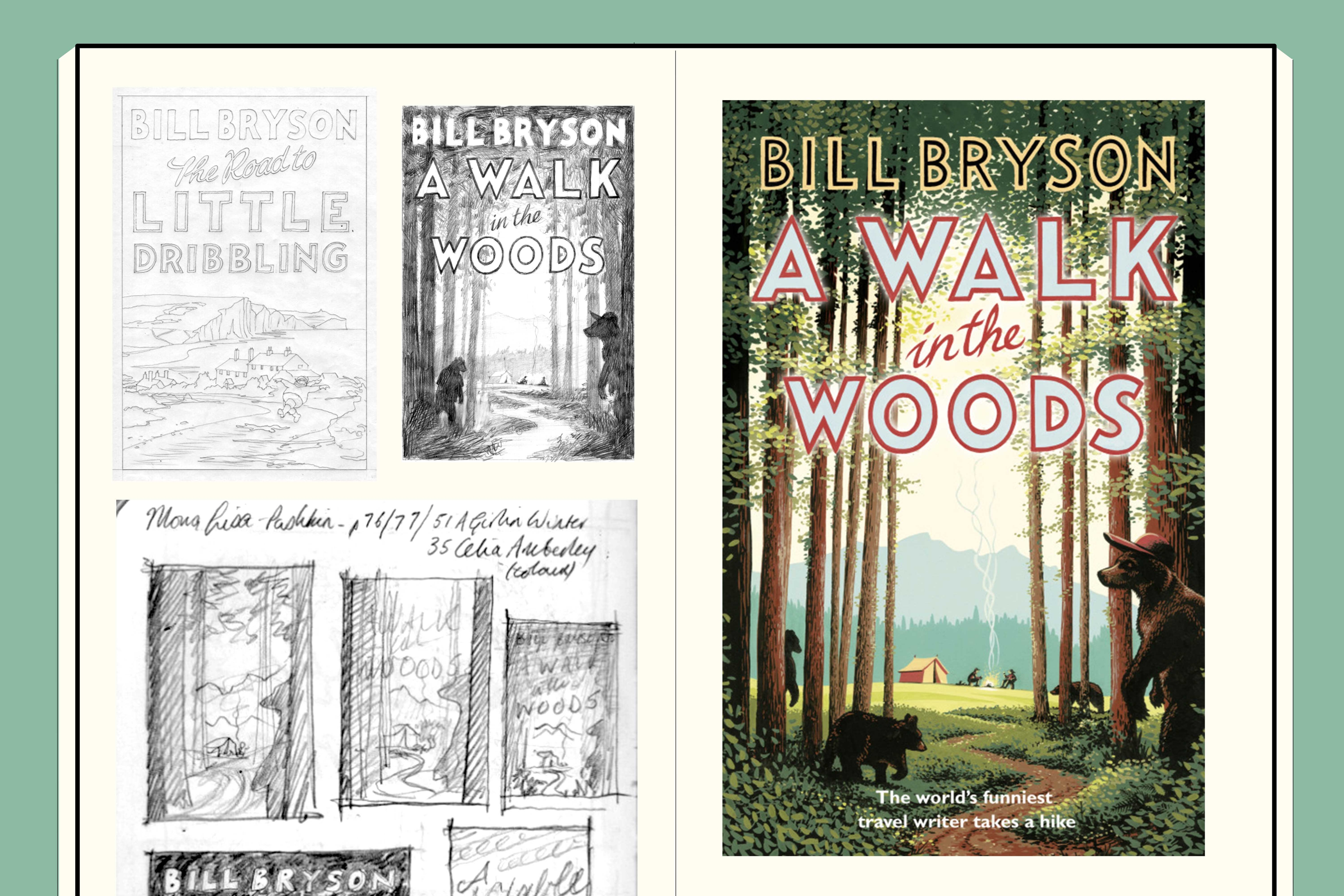 Neil Gower's sketches for 'A Walk in the Woods' next to the final cover