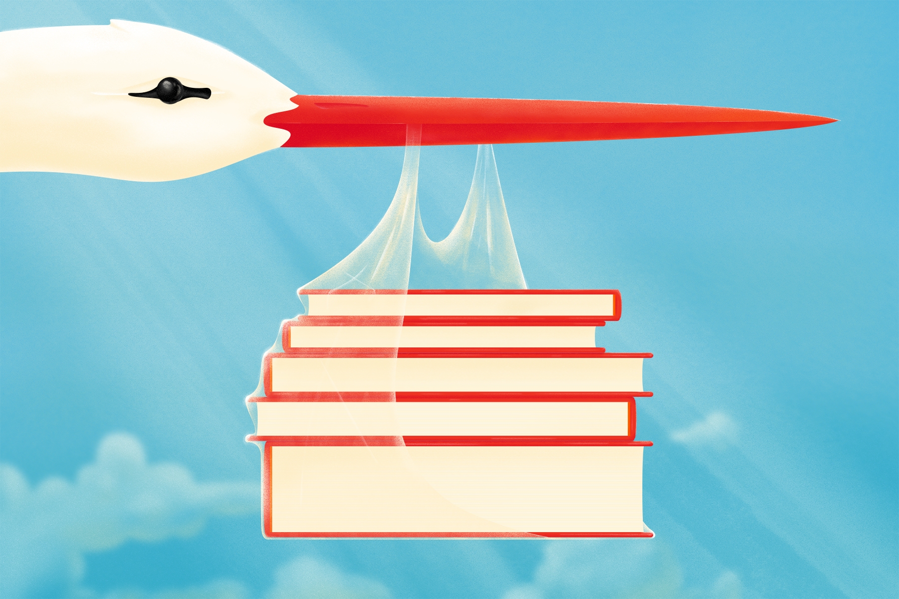 An illustration of a stork carrying a bundle of books