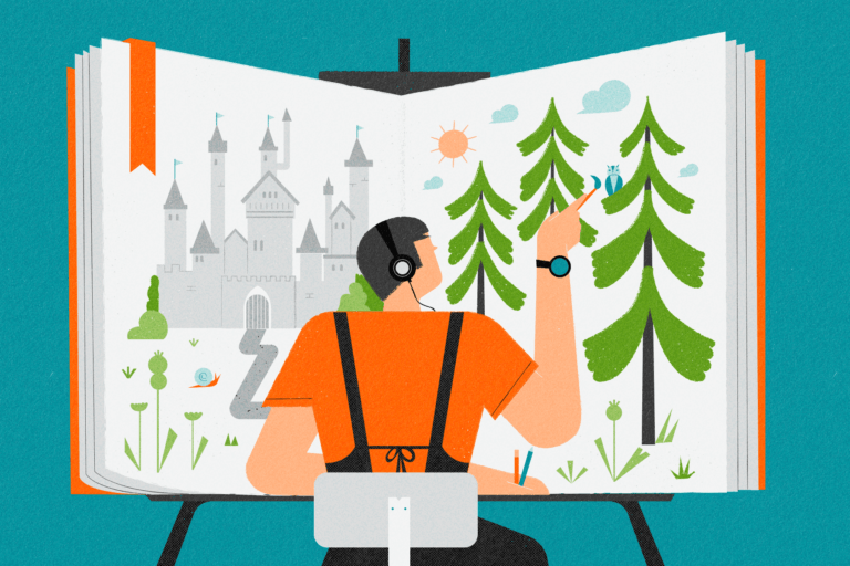 Illustration of someone sitting down and illustrating a giant children's book