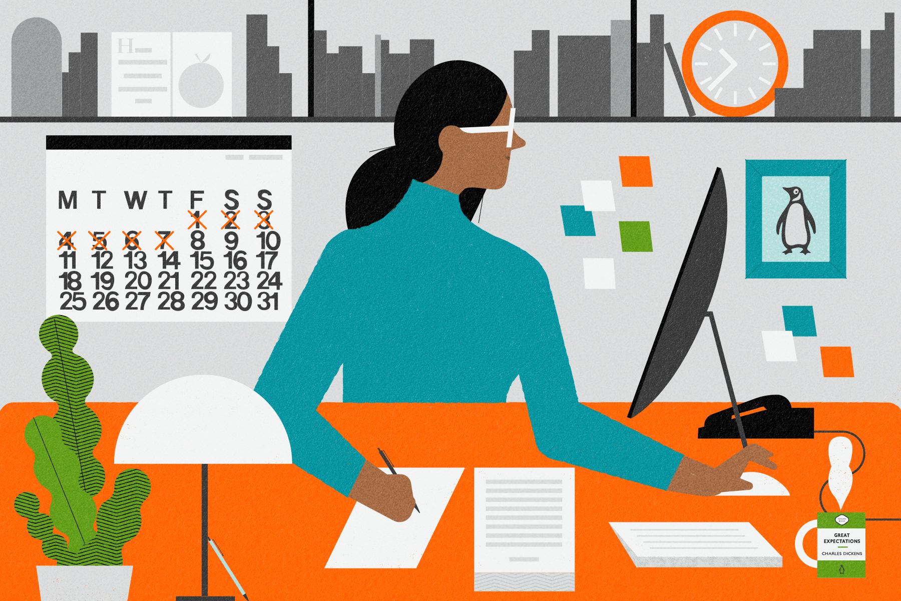 Illustration of an editor at their desk with computer, editing manuscript, cup of tea