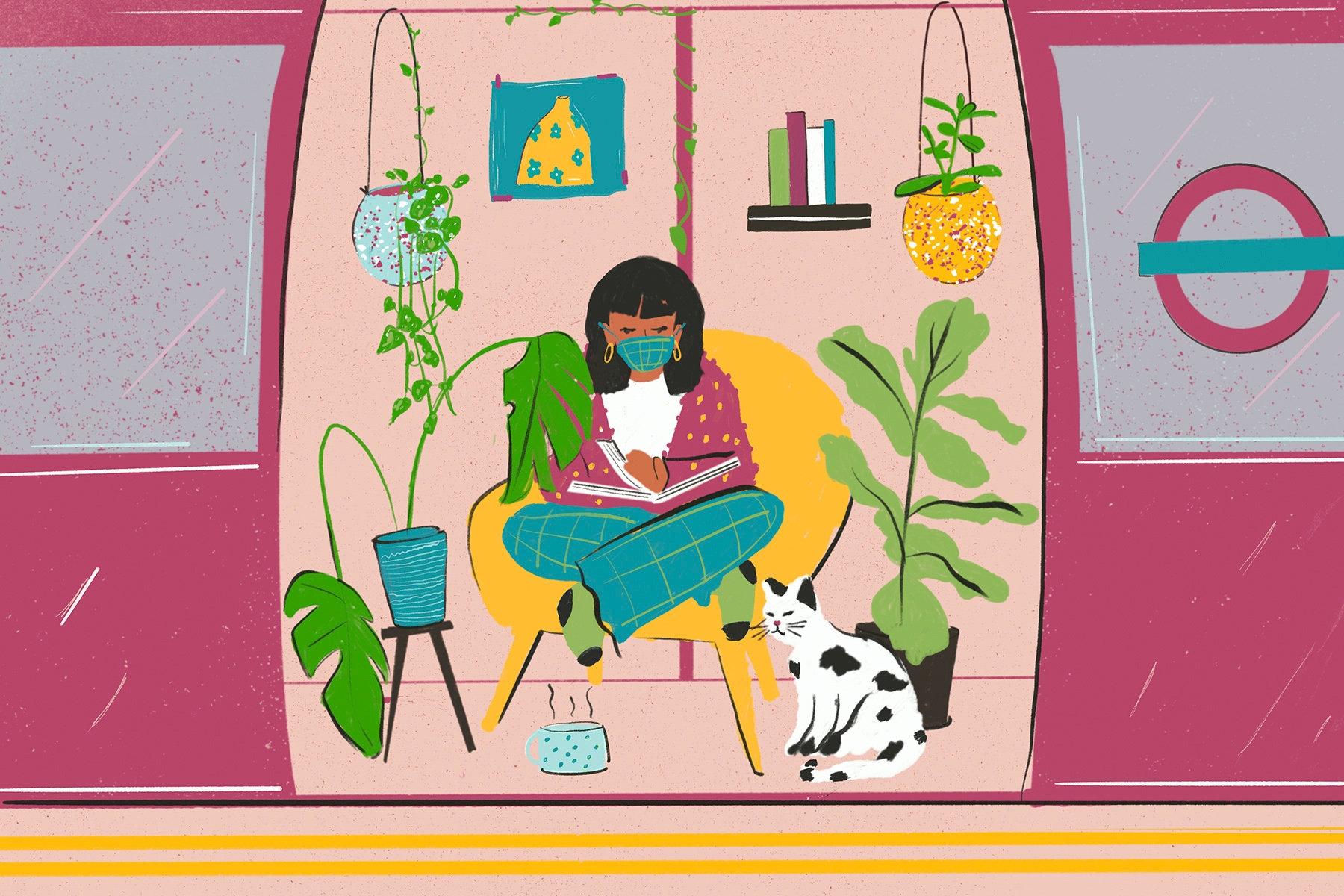 An illustration of a woman reading on a tube carriage, surrounded by plants and pets