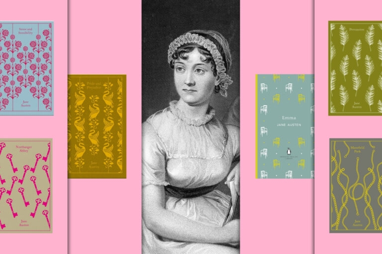 A portrait of Jane Austen against Penguin clothbound editions of her books