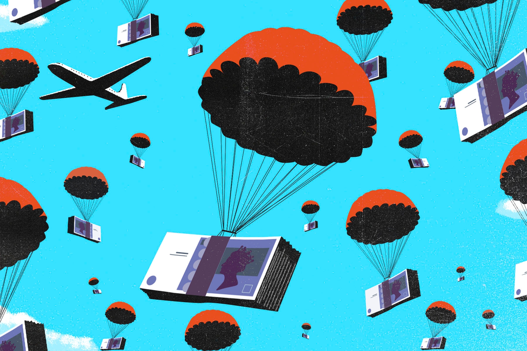 An illustration of red hot air balloons, with the baskets replaced with wads of currency.