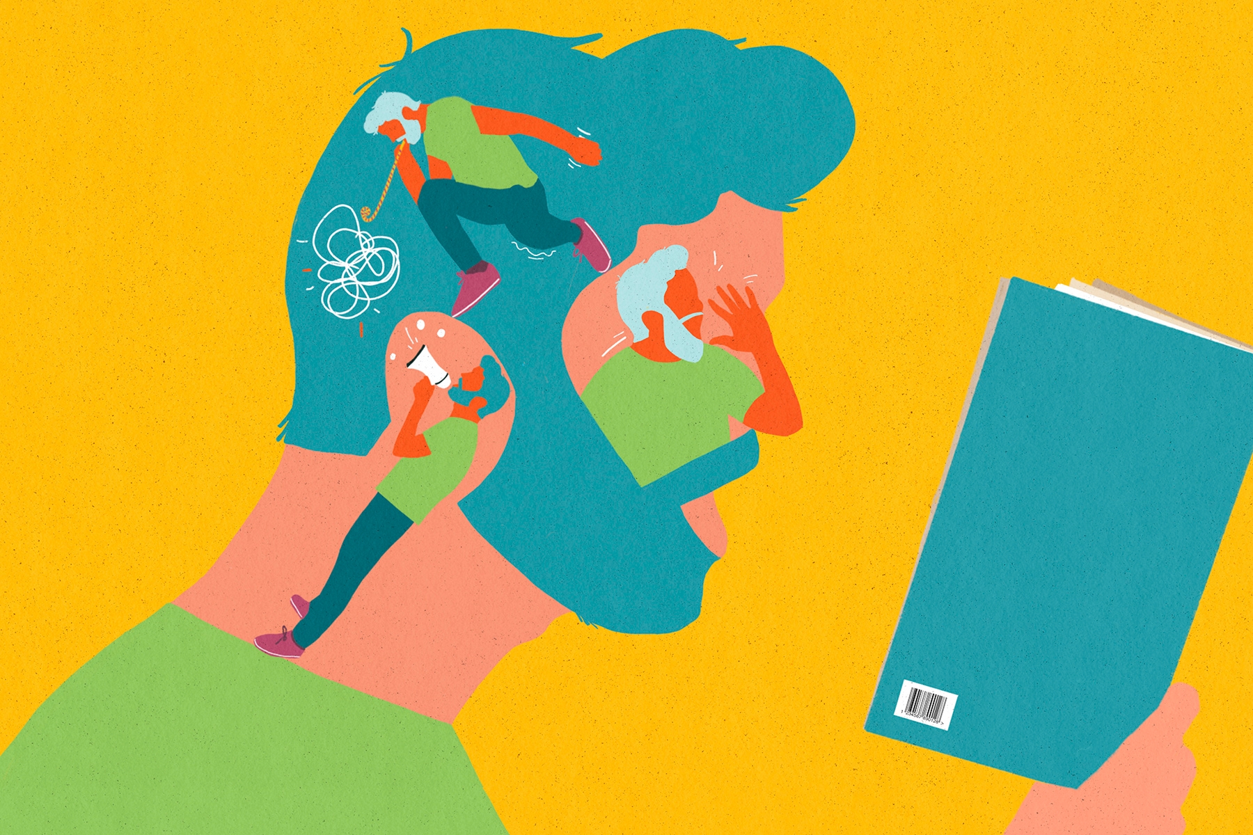 An illustration of a man trying to read while his inner voice distracts him.