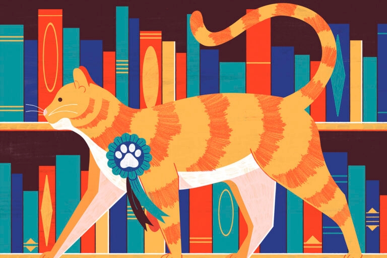 An illustration of a stripy ginger cat standing in front of a bookcase full of books.