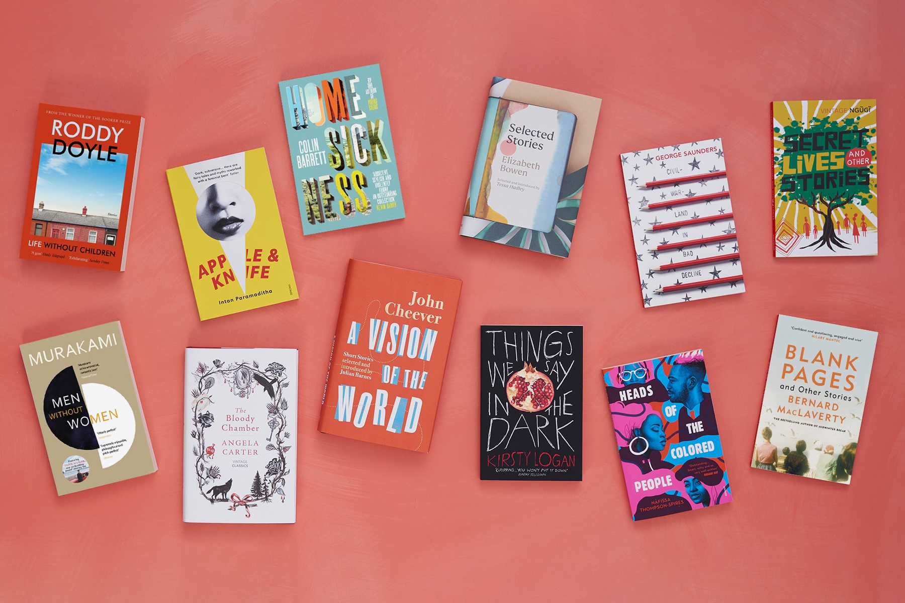 A host of short story collections photographed against a red background