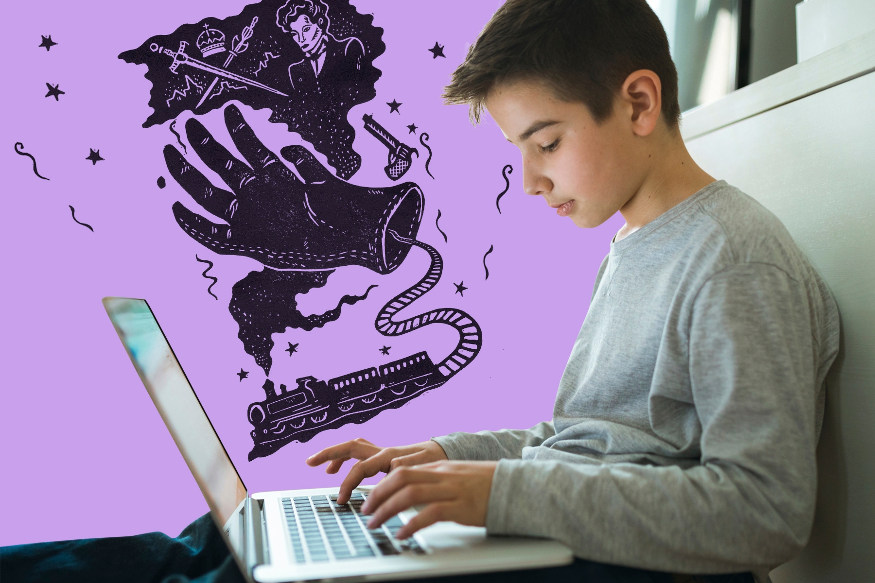 A young boy on a laptop writing fan fiction