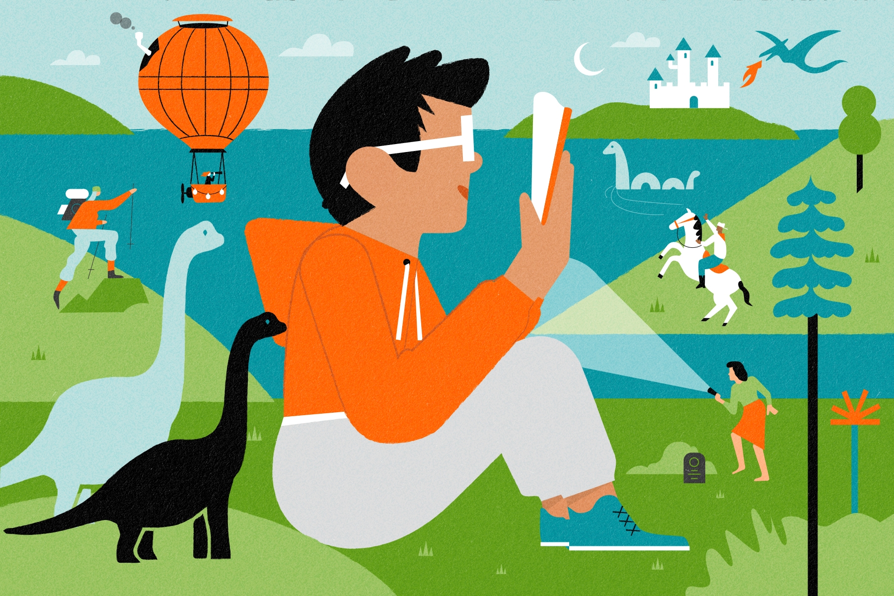 Child reading with adventures surrounding them: dinosaurs, spies, cowboy, hiker, and boat on a lake. Illustration by Mike Ellis