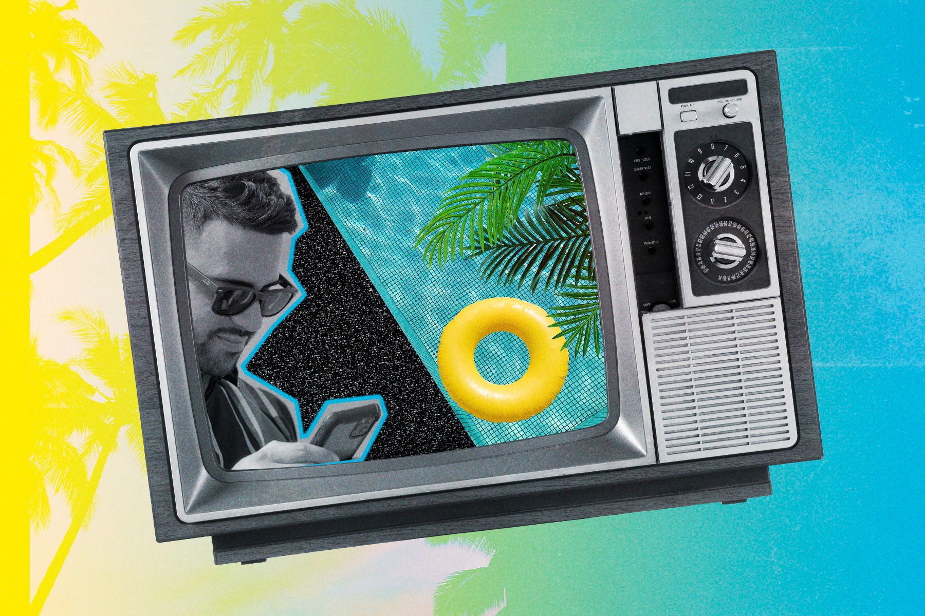 An illustration of a television on a yellow and blue background with a rubber ring and a man checking his phone