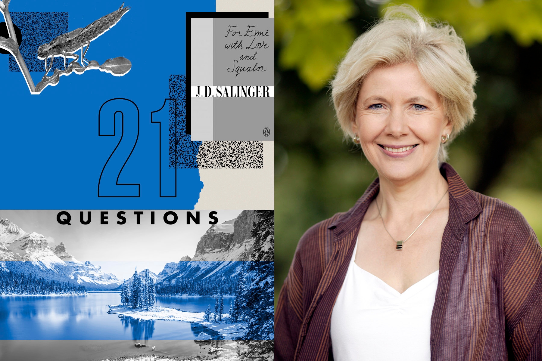 A photo of Mary Lawson, author of A Town Called Solace, side-by-side with the interview title, 21 Questions, on a blue and grayscale background.