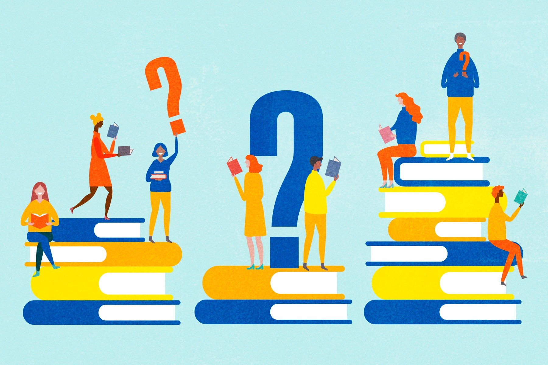 An illustration of three book stacks of various heights with small people hanging out on them – sitting, standing, reading. The colour scheme is yellow, orange, white and two shades of blue.