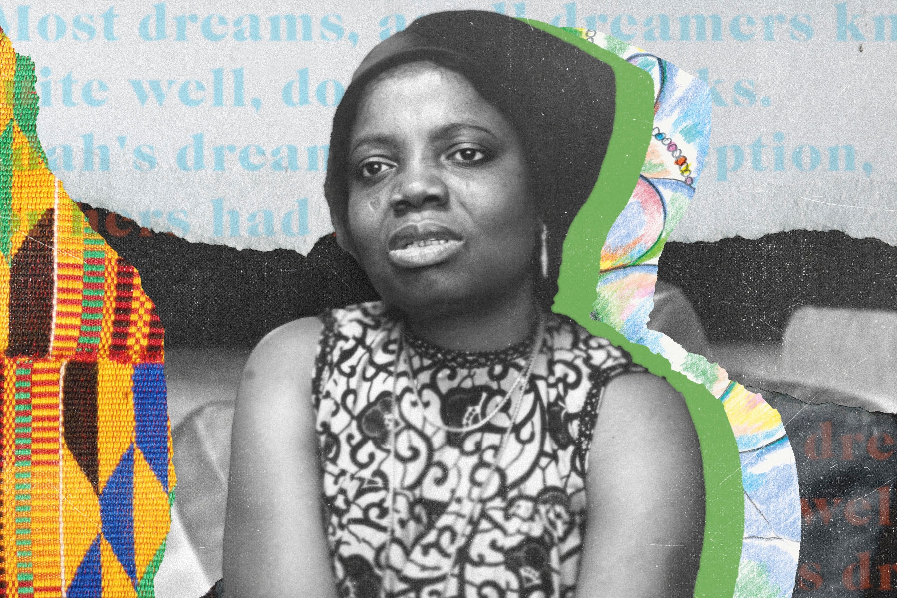 A portrait of Buchi Emecheta against a collaged background