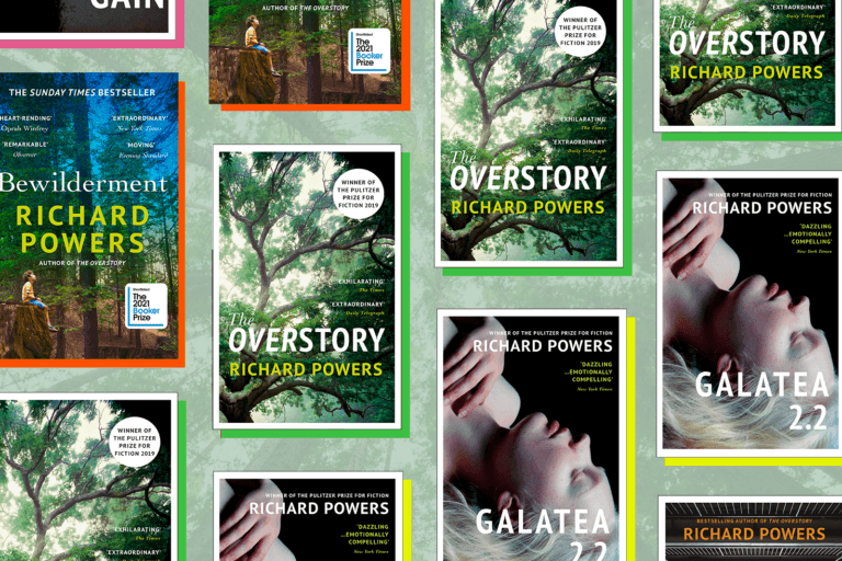 An assortment of Richard Powers' covers on a green background