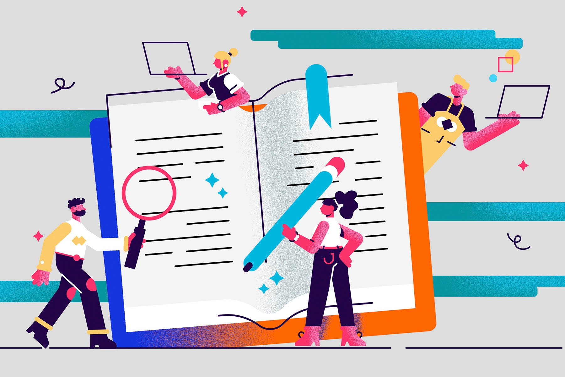 Illustration of people surrounding giant book with laptops and highlighted text