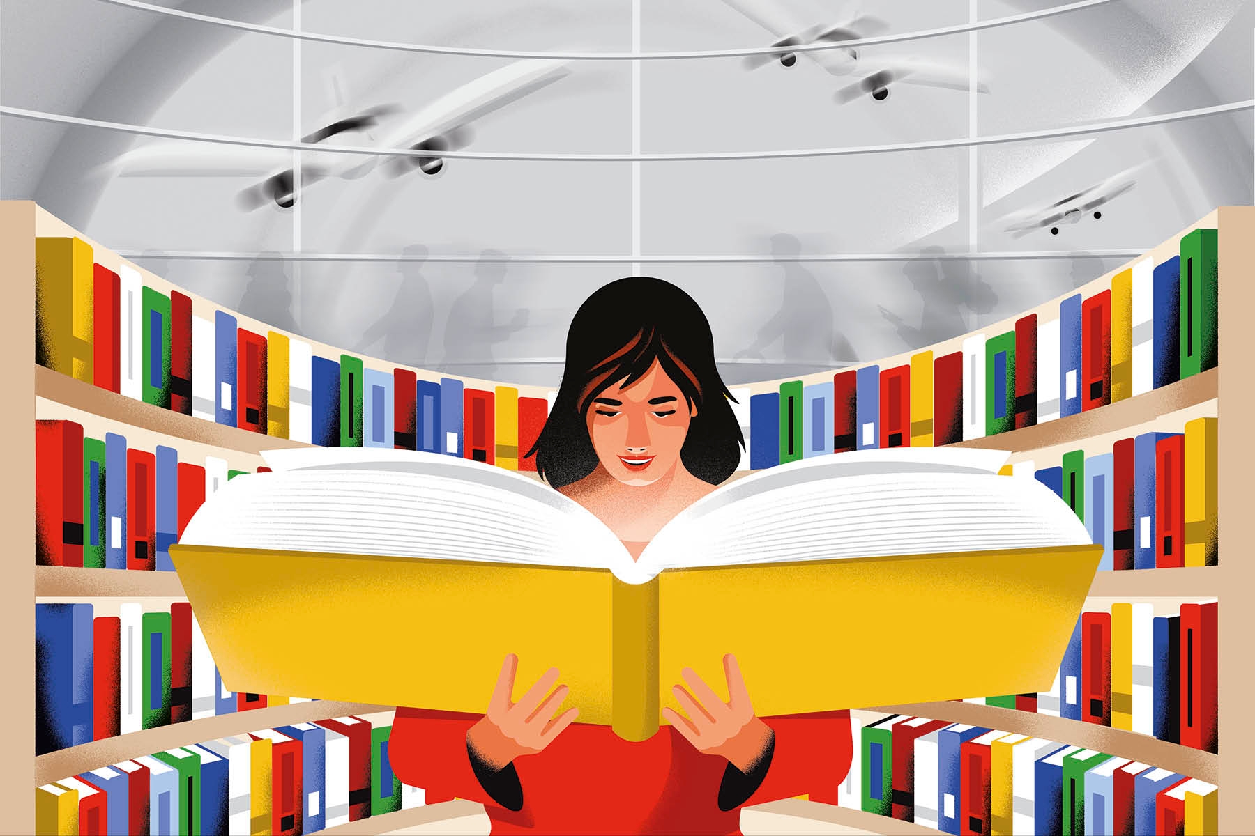 An illustration of a woman reading in a colourful bookshop, with a hectic airport scene in greyscale in the background