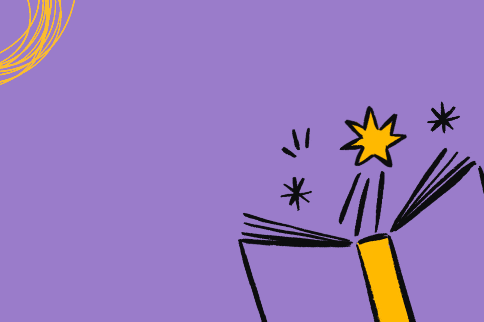 A line illustration of an open book with a star coming out of it. The illustration is in black lines on a purple background, and the star and other accents are bright yellow.