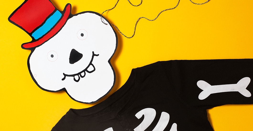 A photo of the Funnybones costume on a bright yellow background