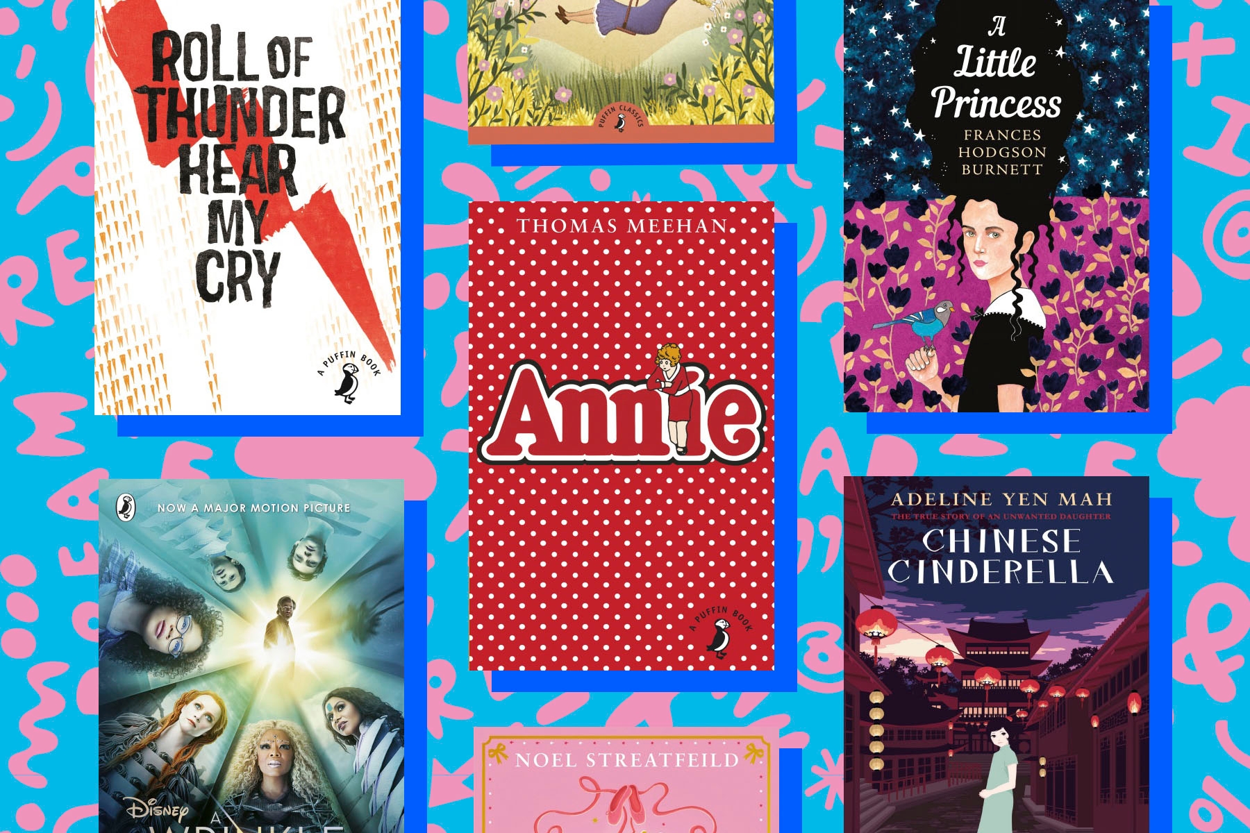 An image of classic books featuring girl heroes on top of a blue background with pink doodles