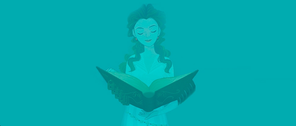 An illustration of a female character reading from a book