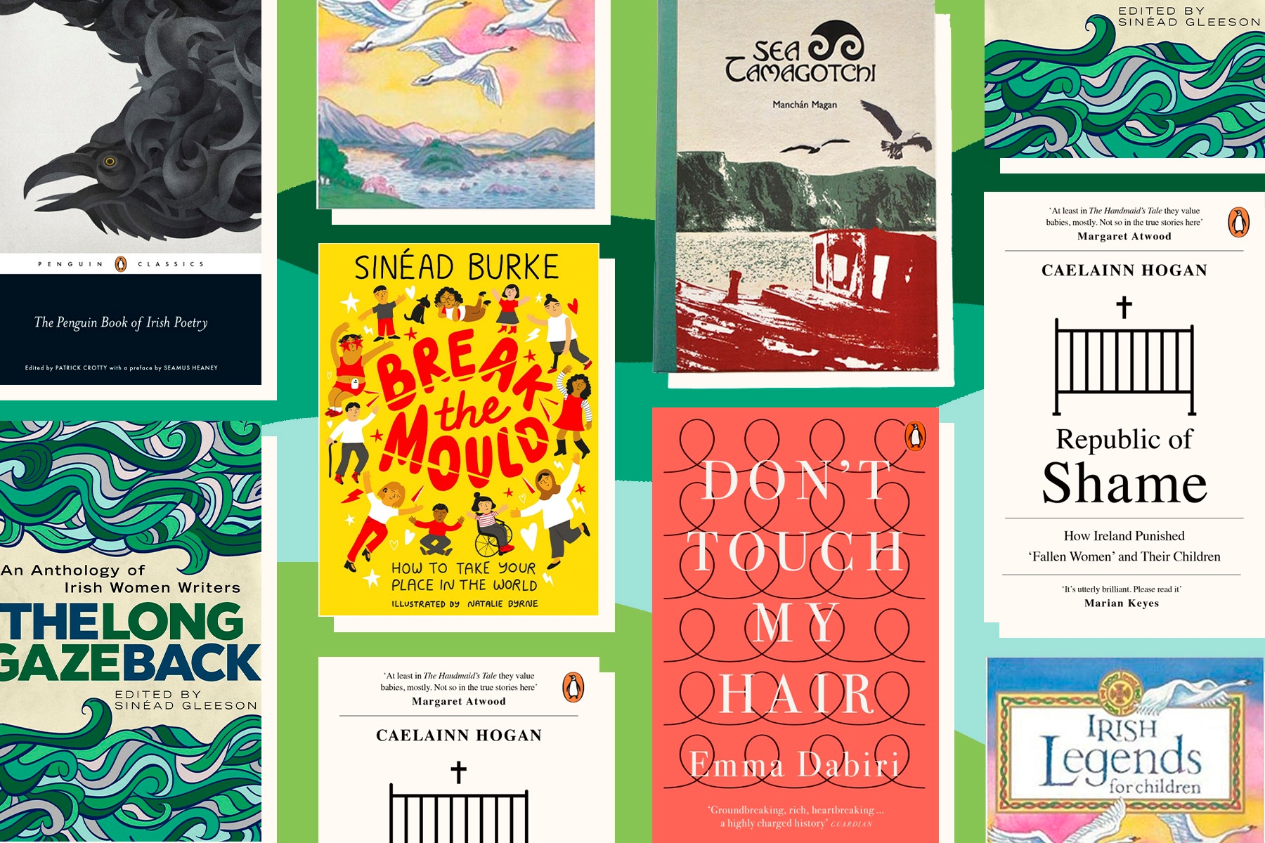 Covers of Irish books against a green and blue background.