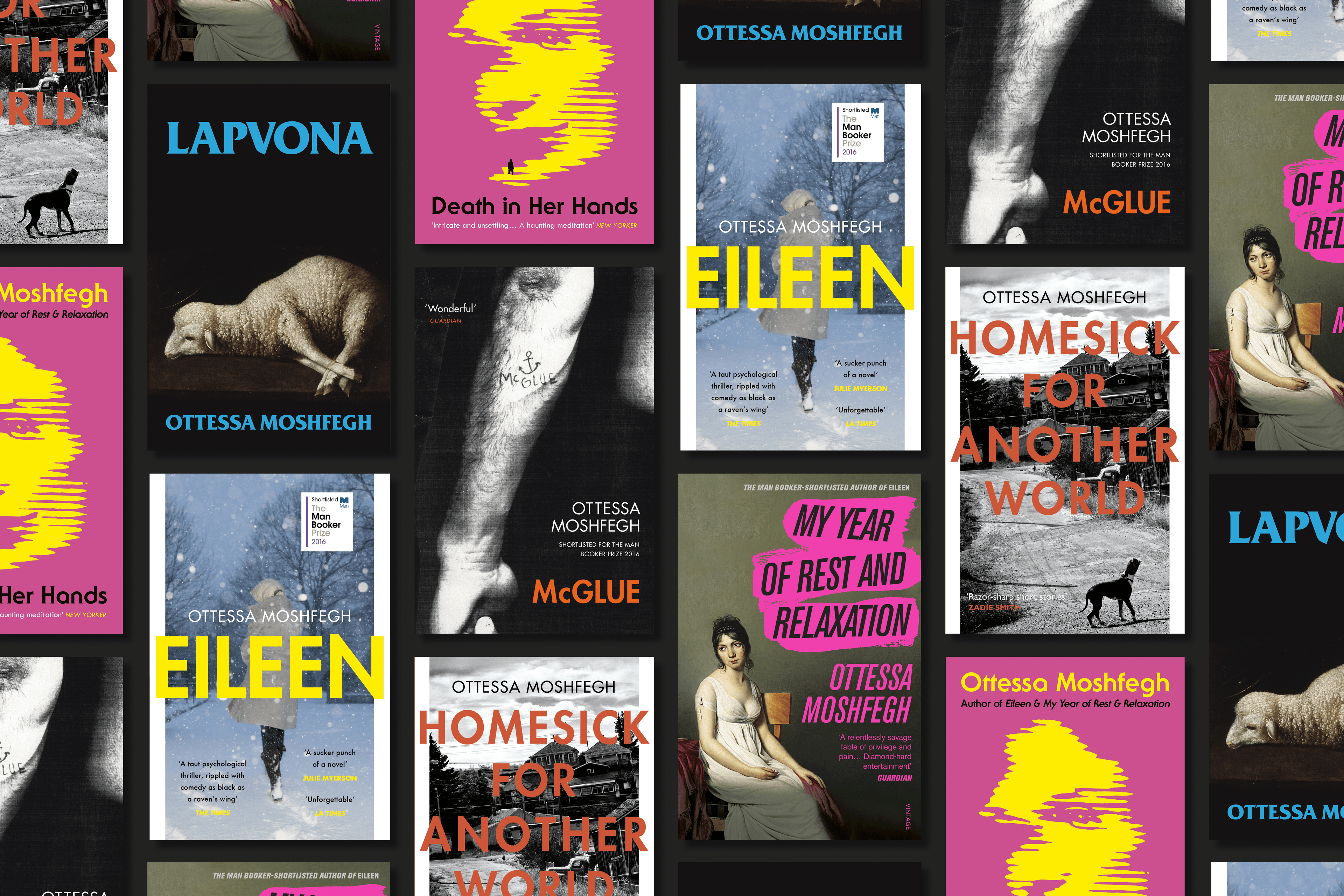 Image featuring all of Ottessa Moshfegh's book covers on a black background