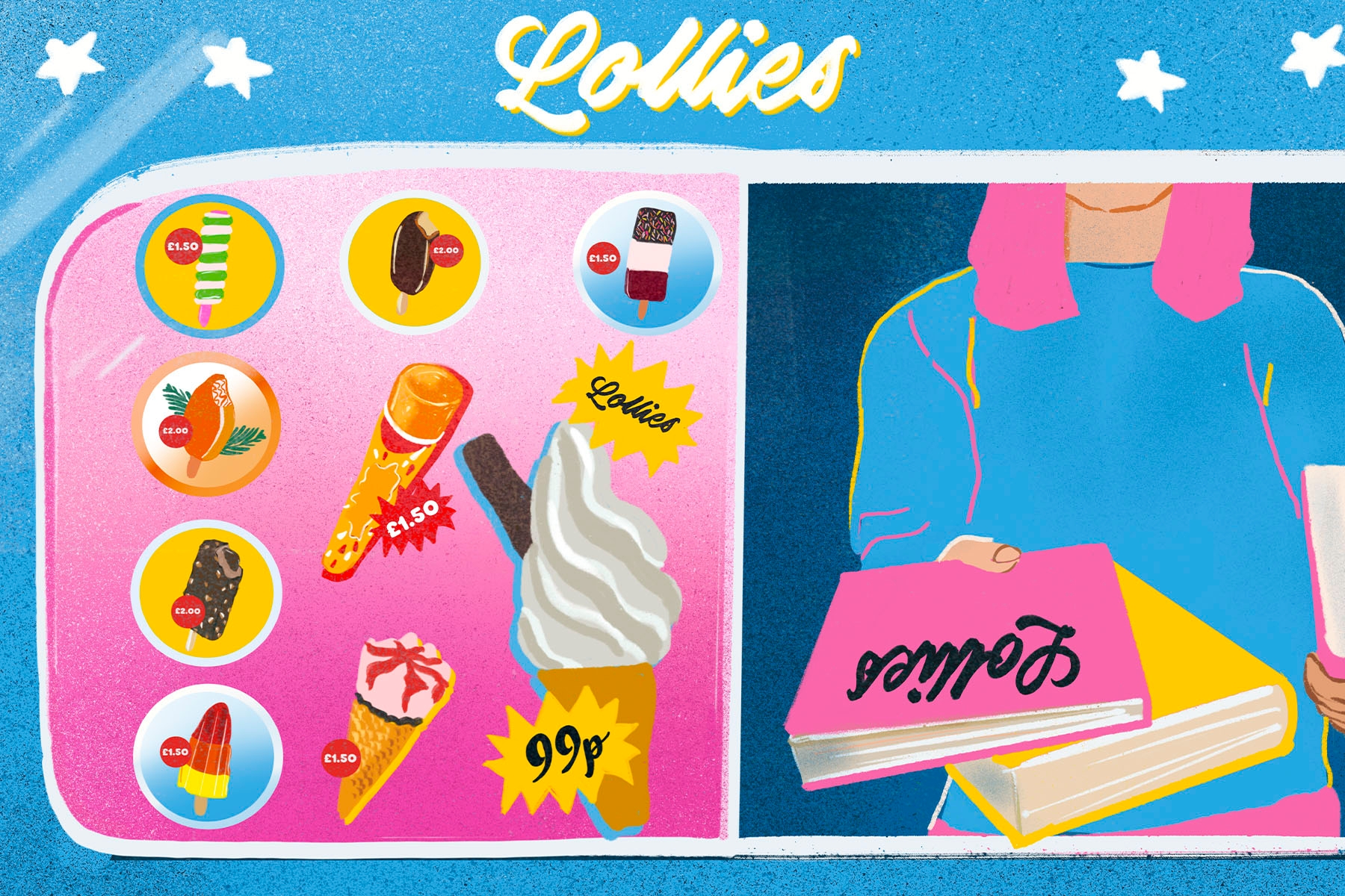 An illustration of an ice cream van, where books are being given out