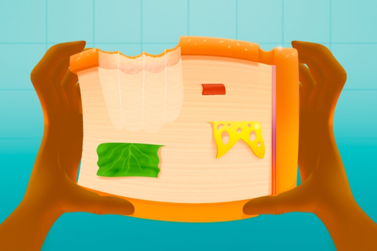 A picture of a book being held like a burger