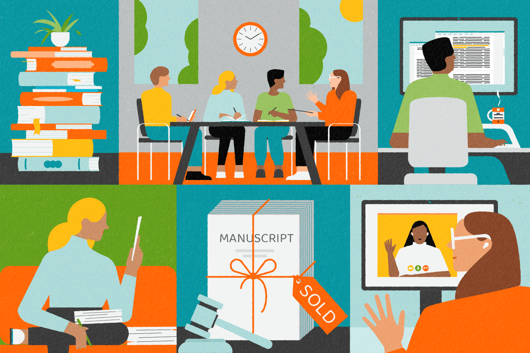 Illustration of all the different aspects of editorial: meetings, emails, reading, zoom meeting with author.