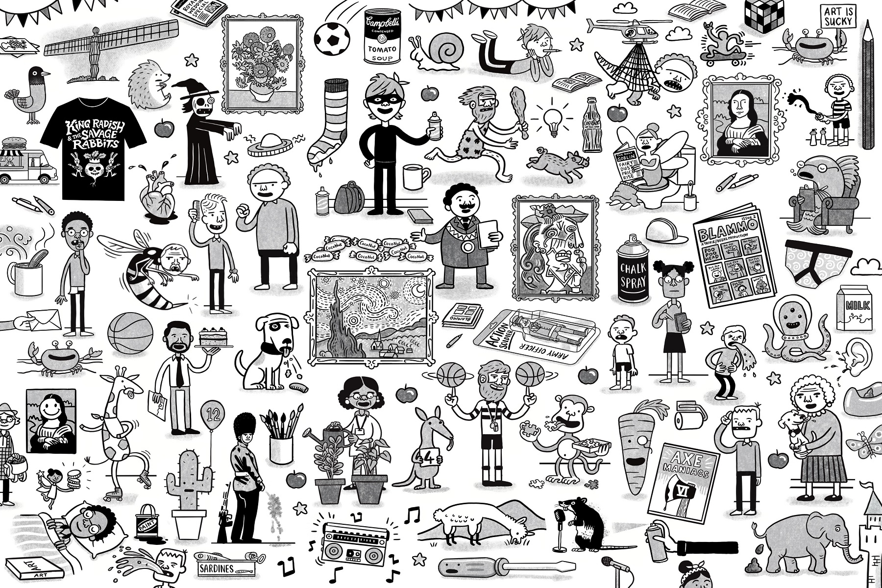 An image that shows a range of mini illustrations by Olaf Falafal from his new book Trixie Pickle Art Avenger: Toxic Takedown