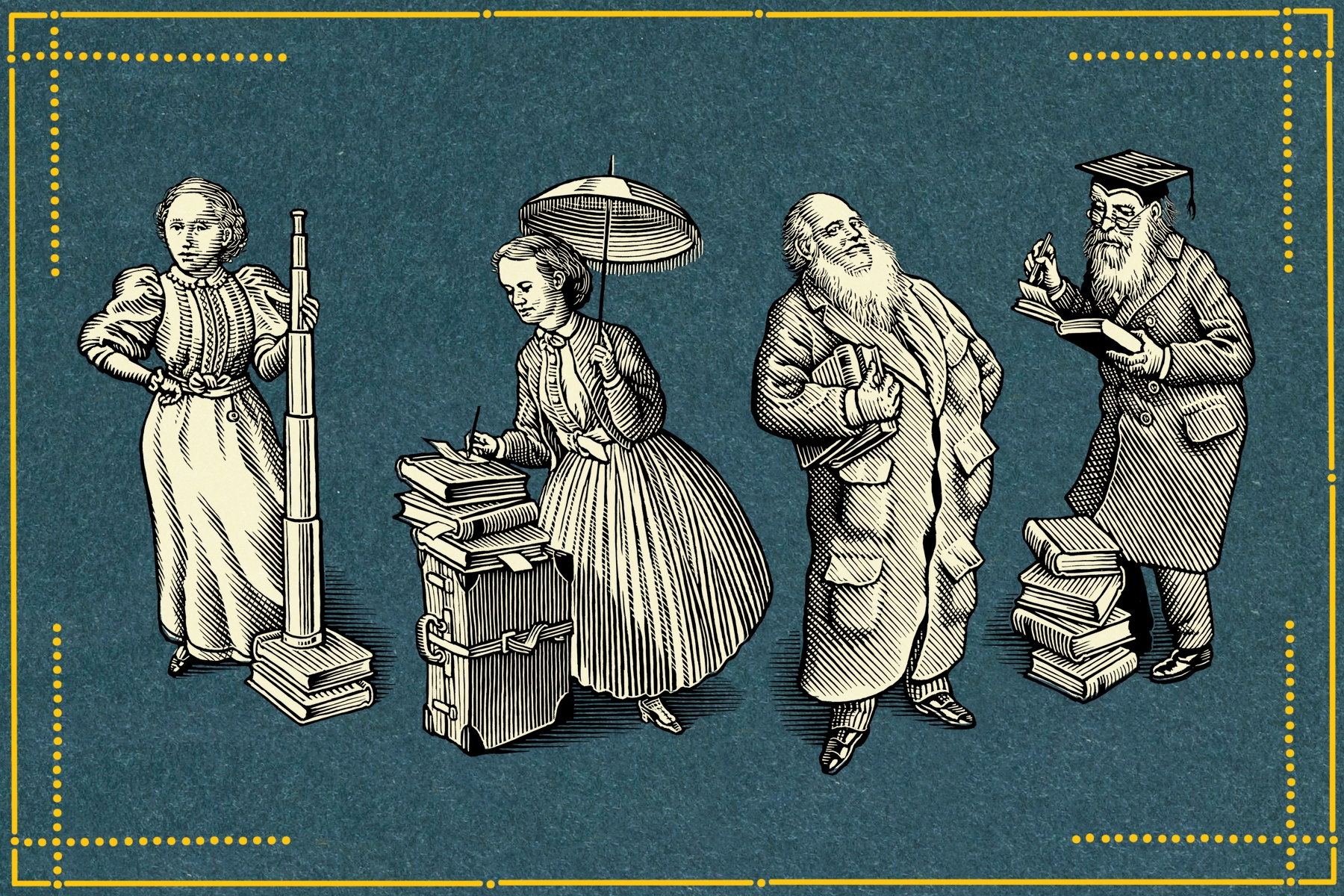 Black-and-white illustrations of four Victorian figures. From left to right: a woman holding a large telescope; a young woman with an umbrella and a large stack of books; a bearded man wearing a coat with many pockets; an elderly man wearing a mortarboard hat