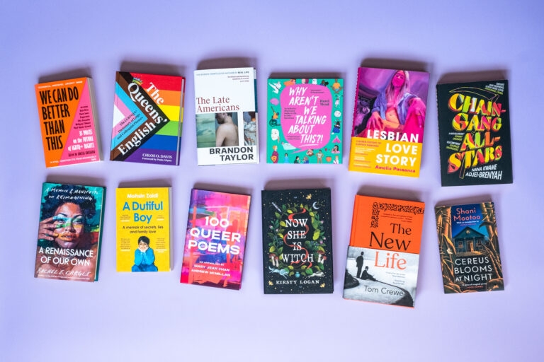 12 book covers against a purple background