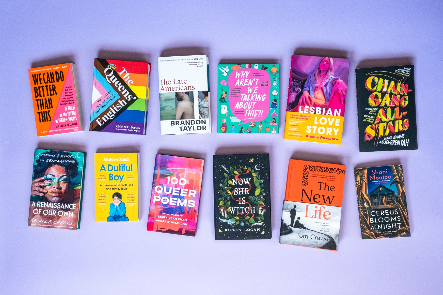 12 book covers against a purple background