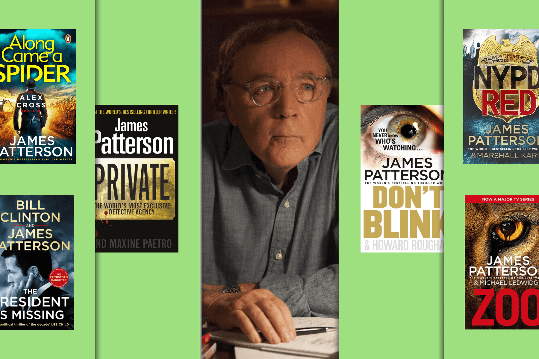 Composite image of the best James Patterson books to read, including Along Came a Spider, Private, The President is Missing, Don't Blink, NYPD Red and Zoo.