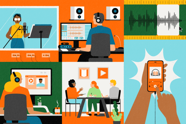 Illustration of all the components of making audiobooks including: a producer directing a reader in the studio, sound editing, researching an actor and having a meeting about upcoming recordings, through to the consumer plugging in their headphones to listen to the latest audiobook.