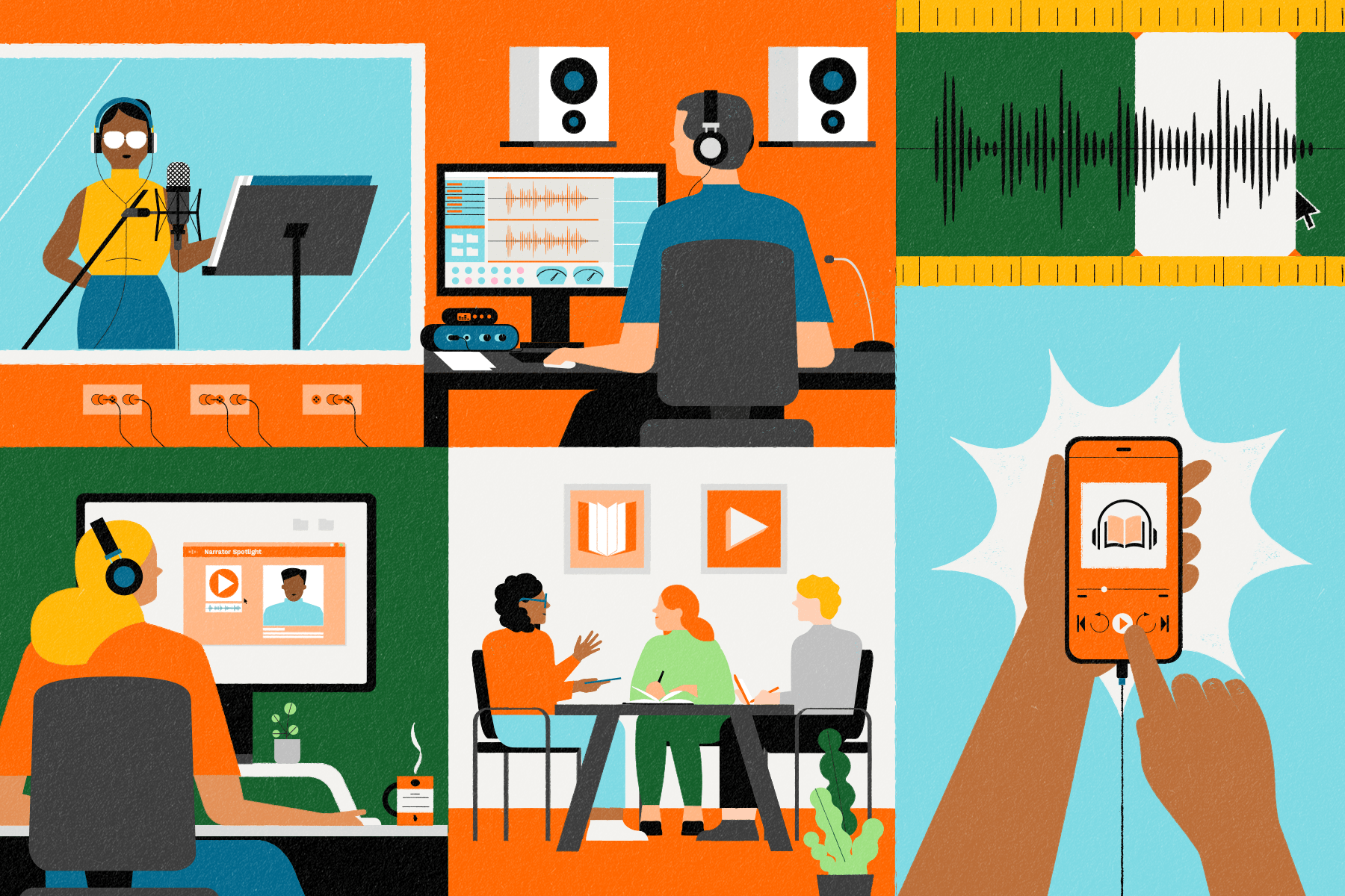 Illustration of all the components of making audiobooks including: a producer directing a reader in the studio, sound editing, researching an actor and having a meeting about upcoming recordings, through to the consumer plugging in their headphones to listen to the latest audiobook.