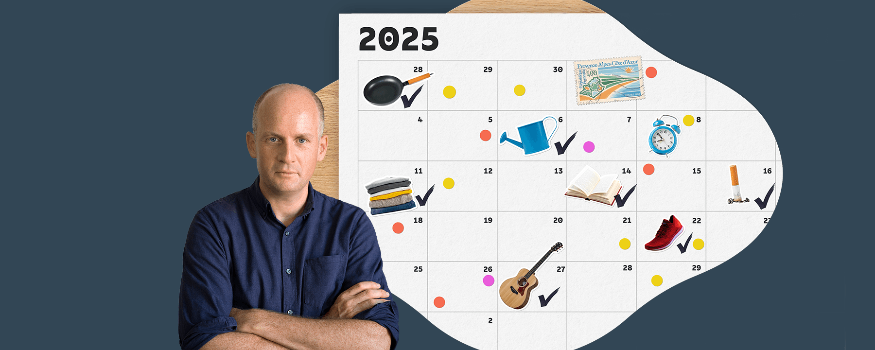 A decorative banner featuring a portrait of Oliver Burkeman and an illustration of a calendar with personal goals planned out throughout the month.