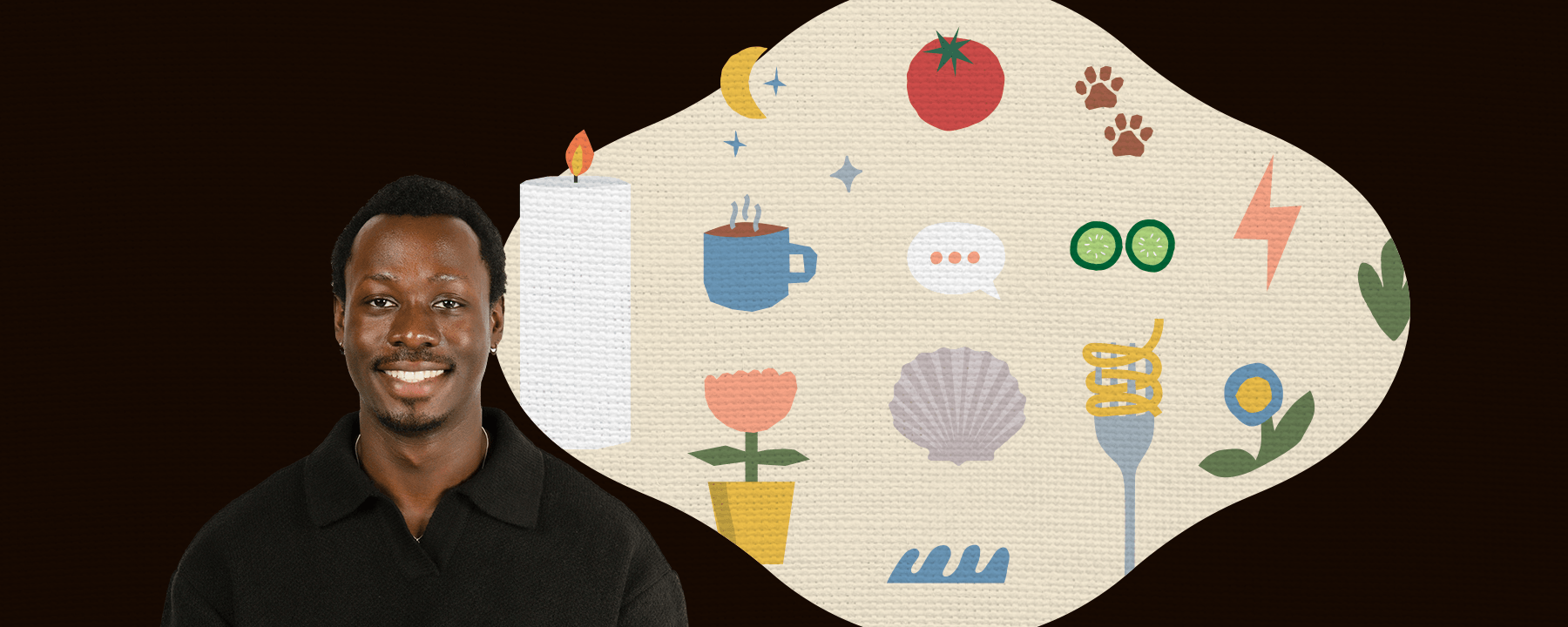 A decorative banner with a portrait of David Larbi and small illustrations of everyday sources of comfort like a cup of tea, flowers and a candle.