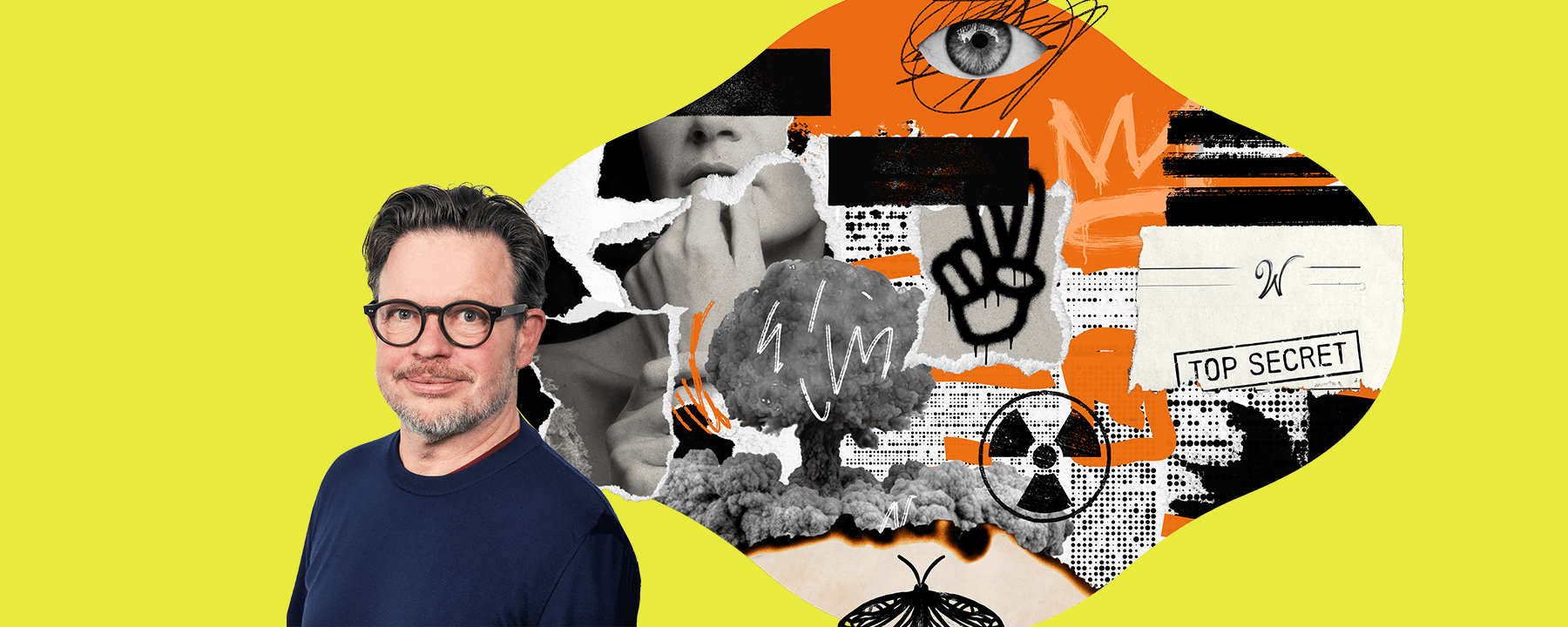 A decorative banner featuring a portrait of Simon Prosser and a collage of images like a nuclear explosion and a graffiti peace sign