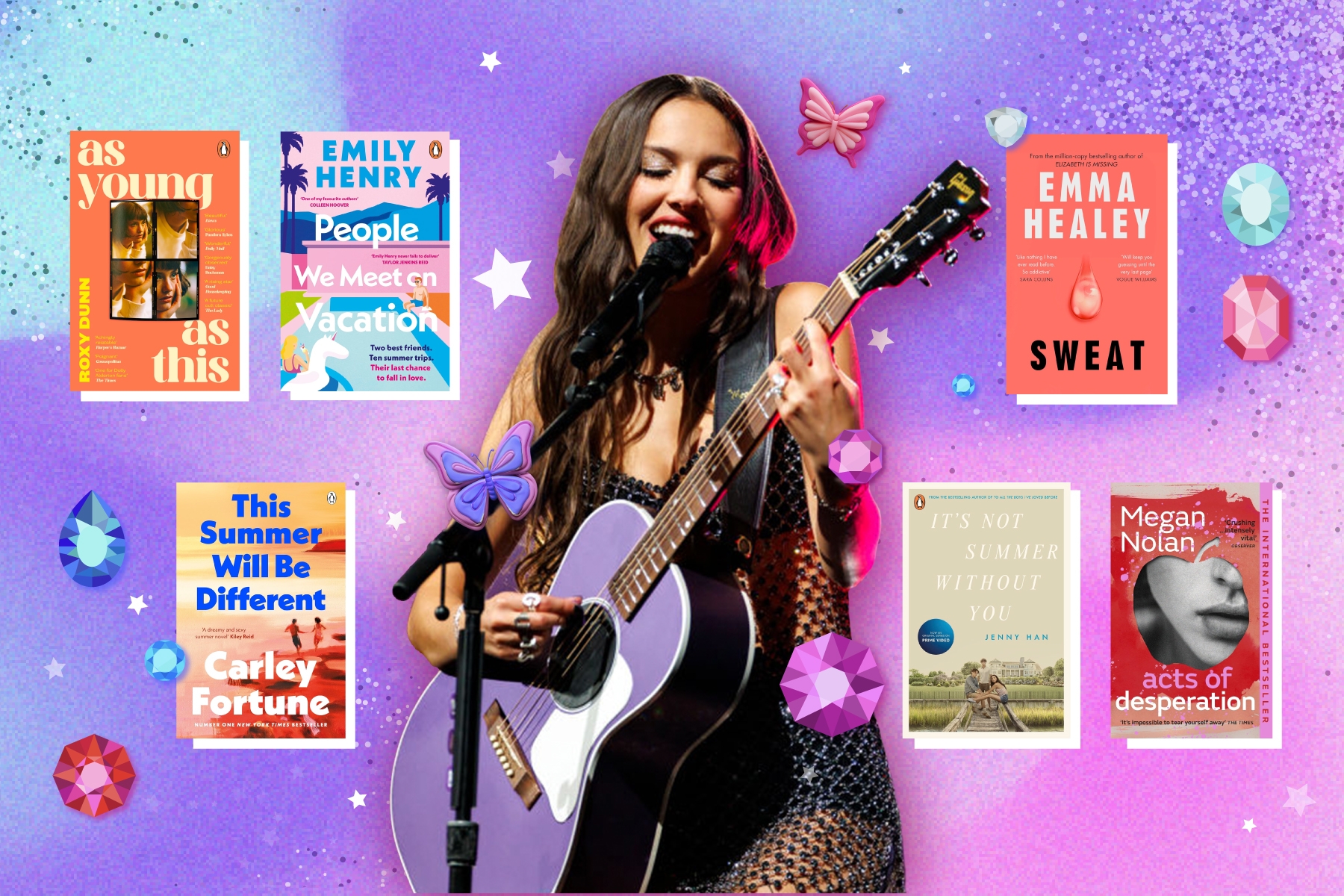 Image of Olivia Rodrigo, with books that match the themes of her songs.