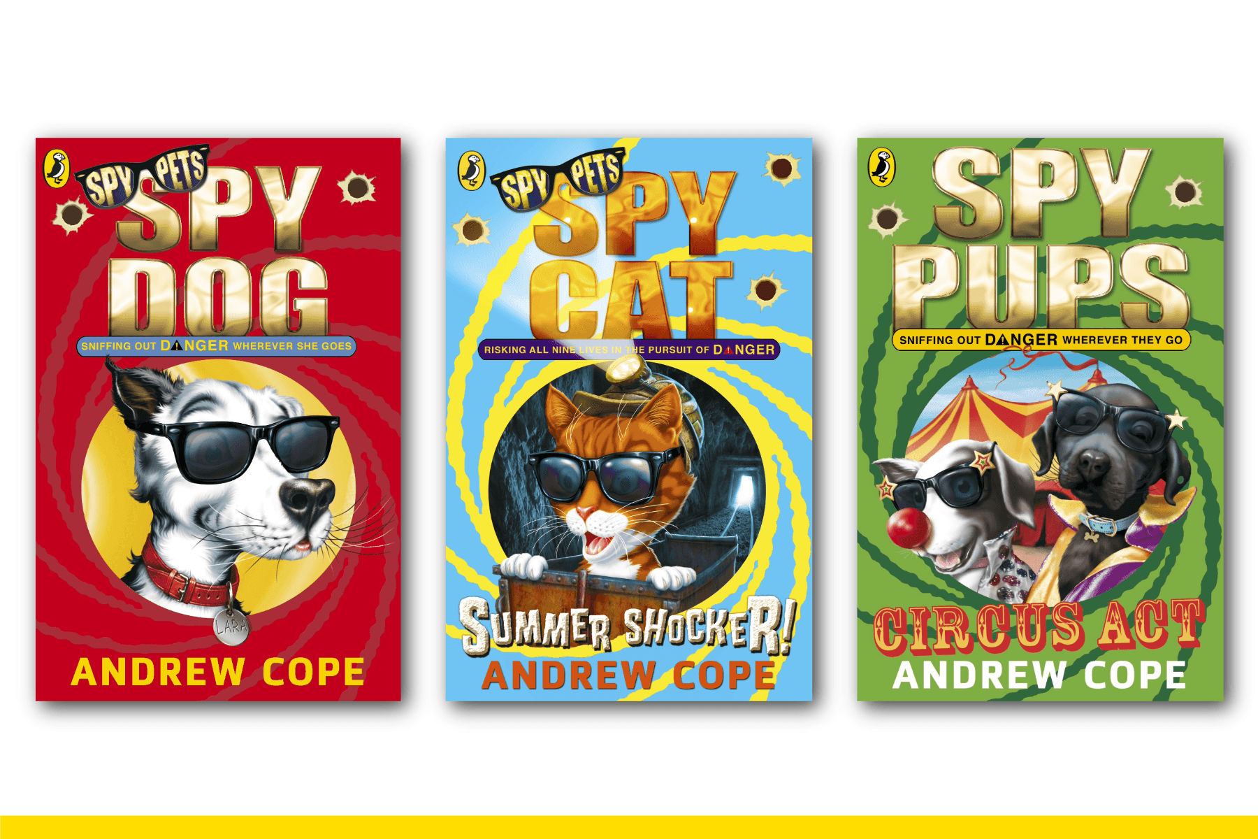 Book covers of Spy Dog, Spy Cat and Spy Pups by Andrew Cope on a plain white background. A single yellow white stripe sits at the bottom of the image.