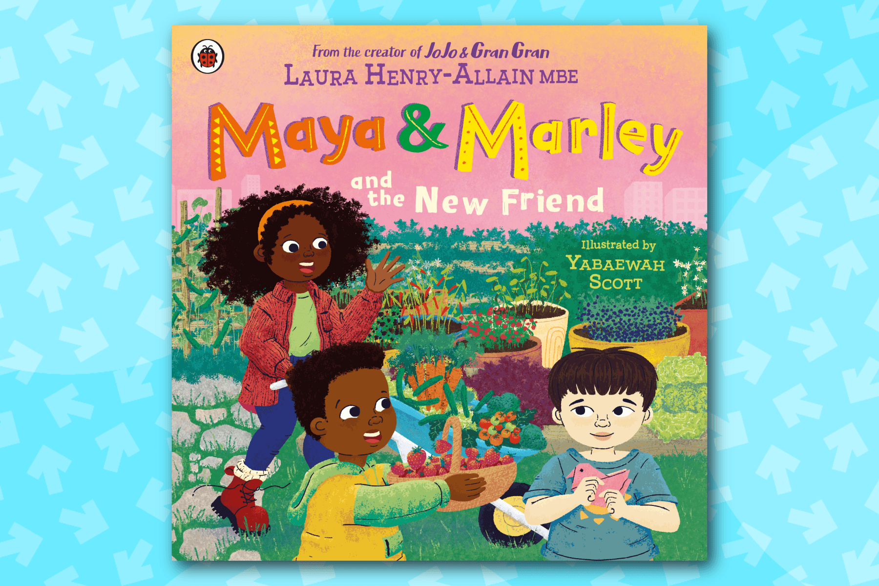 Maya & Marley and the New Friend book cover against cyan background with arrows dotted across the background