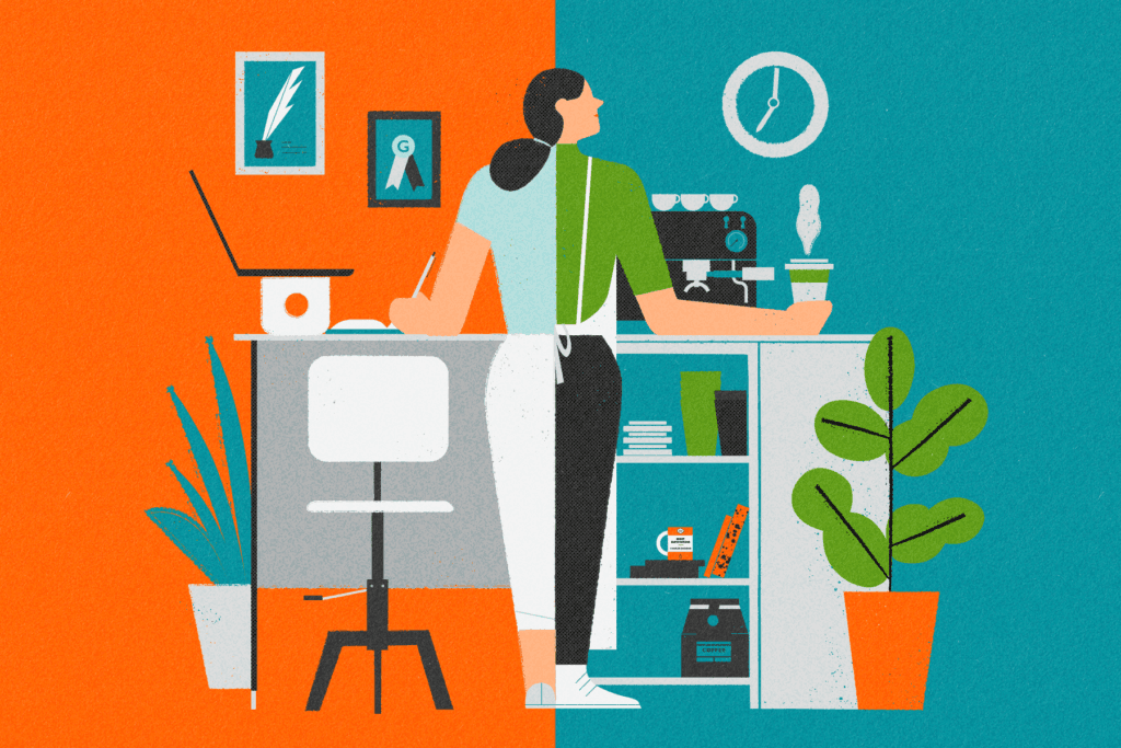 Illustration of a person half working as a writer and half in a coffee shop to represent the variety of jobs writers need to have
