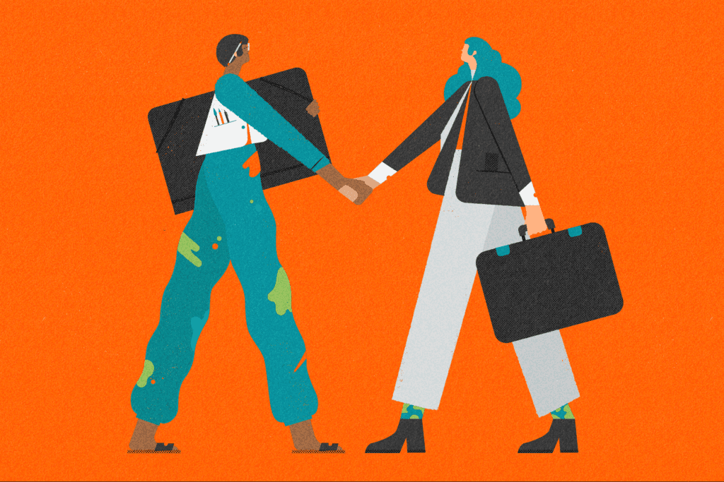 Illustration of illustrator and illustration agent meeting and shaking hands