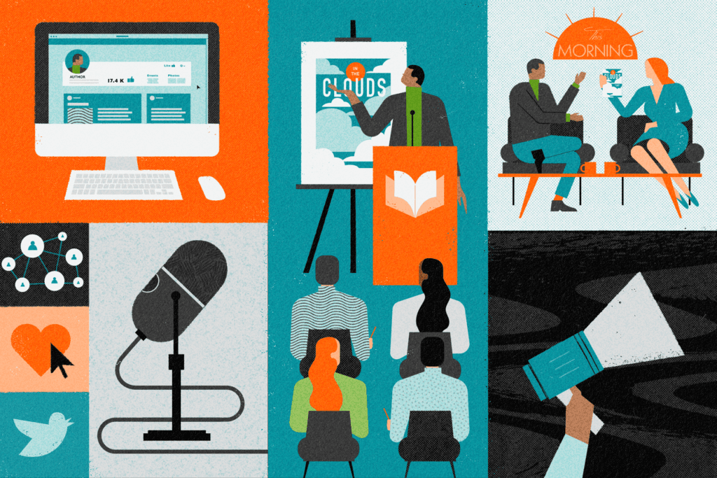 Illustrated grid of all the elements of promoting your book, social media, tv, radio and podcast appearances