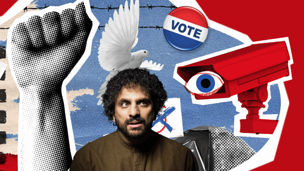 Decorative banner for the Penguin books that shaped us, featuring a portrait of Nish Kumar, one of the contributing editors for the book lists