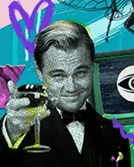 Decorative image of Leonardo Dicaprio raising his glass in the film adaptation of The Great Gatsby