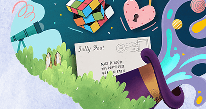 Decorative collage for The Penguin books that shaped young readers article, featuring illustrations like a rubix cube, a heart shaped locket and bunny ears