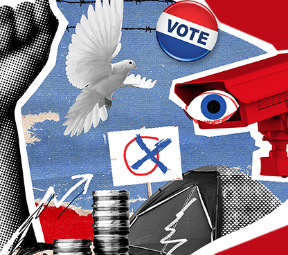 Decorative collage for The Penguin books that shaped our political understanding article, featuring images related to politics.