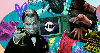 Decorative image for books that inspired a pop culture phenomenon, featuring a collage of images such as leonard dicaprio in the Great Gatsby, a TV set and a type writer.