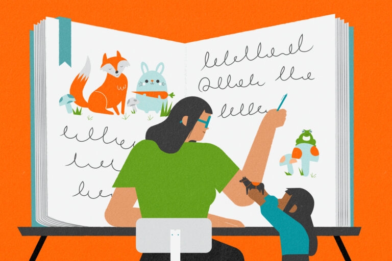 An illustration of a writer sat in front of a huge children's book, with their pencil raised. They are looking down at a small child on their left who is showing them a toy horse.